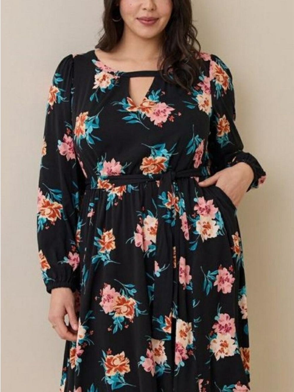 torrid Black Floral Long Sleeve Midi Dress (missing belt)